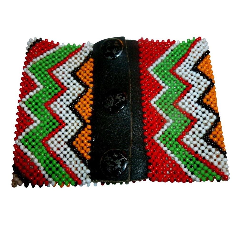 Handmade Beaded Leather Cuff Bracelet Multi Color Chevron Seed Bead Snap Wide